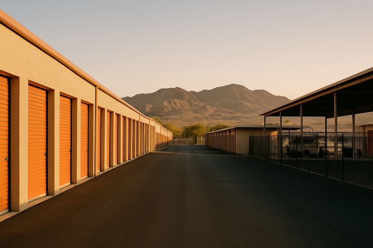 Rows of roll-up storage doors at a Nevada self-storage facility with desert mountains behind