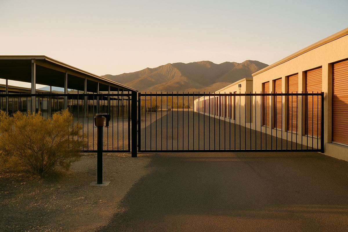 Keypad-controlled gated entry to a desert self-storage property